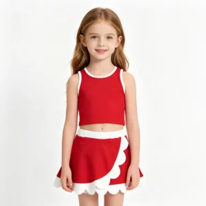 Sleeveless red white scallop girls active wear set