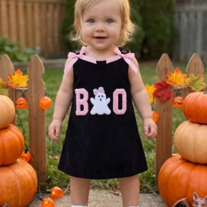 Halloween Sleeveless Bow Embroidered Corduroy Dress